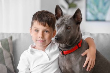 Evinde sevimli köpeği olan küçük bir çocuk.