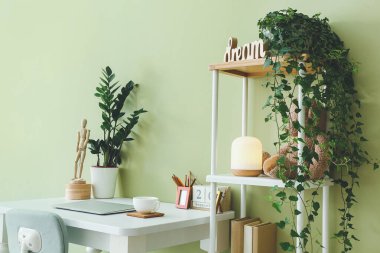 Renk duvarına yakın yeşil bitkilerle modern stil işyeri