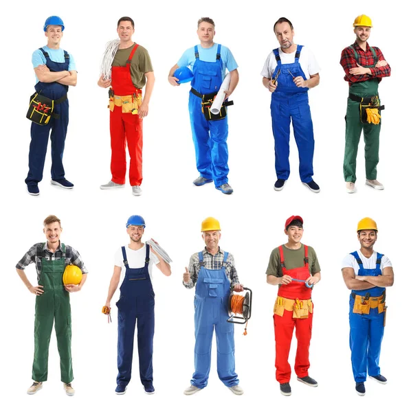 Eletricistas masculinos diferentes no fundo branco — Fotografia de Stock