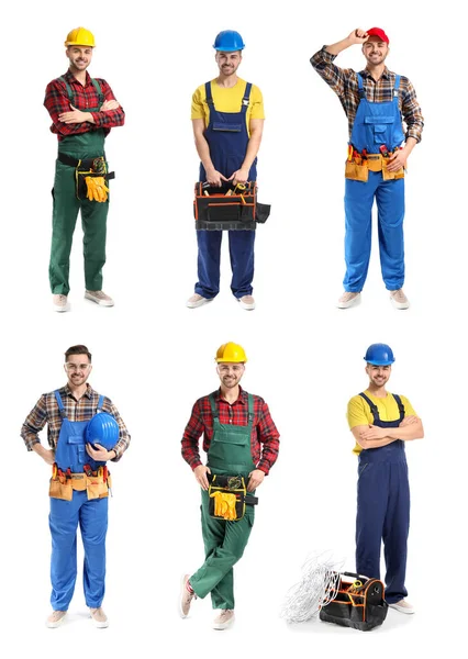 Collage met mannelijke elektricien op witte achtergrond — Stockfoto