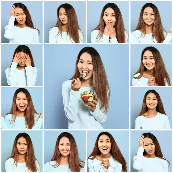 Kolaż zdjęć z azjatycką kobietą wykazującą różne emocje na tle koloru — Zdjęcie stockowe