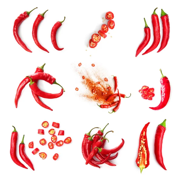 Σετ με καυτερές πιπεριές τσίλι απομονωμένες σε λευκό — Φωτογραφία Αρχείου