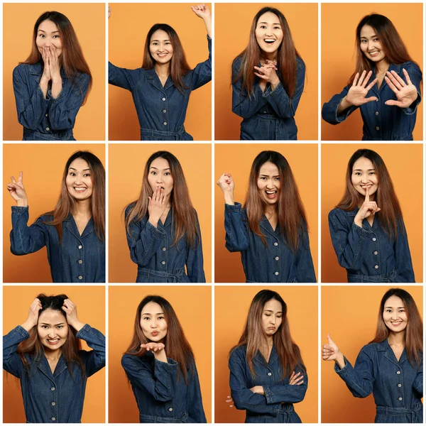 Kollázs fotók ázsiai nő mutatja a különböző érzelmek színes háttér — Stock Fotó