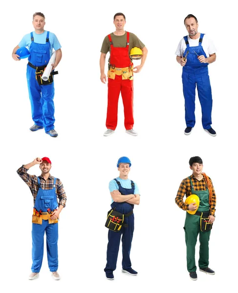 Různí muži elektrikáři na bílém pozadí — Stock fotografie