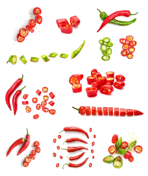 Set with hot chili peppers isolated on white — Stock Photo, Image