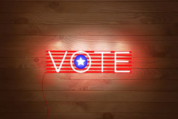Palabra iluminada VOTE y bandera de EE.UU. sobre fondo de madera — Foto de Stock