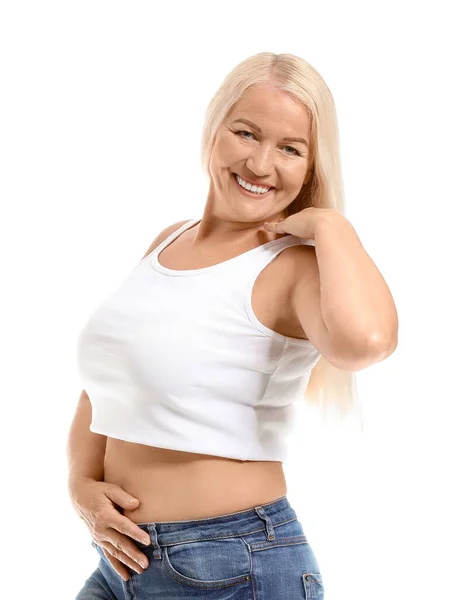 Зрелое тело положительная женщина на белом фоне — стоковое фото