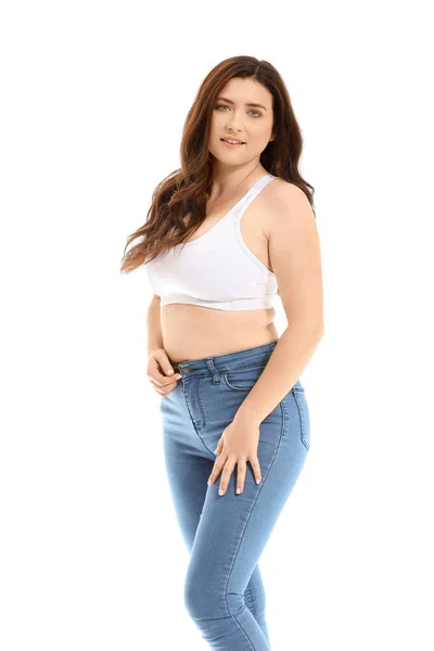 Giovane donna corpo positivo su sfondo bianco — Foto Stock