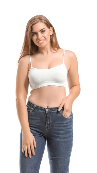 Corpo jovem mulher positiva no fundo branco — Fotografia de Stock