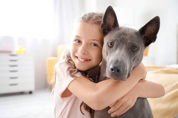 Menina com cão bonito em casa — Fotografia de Stock