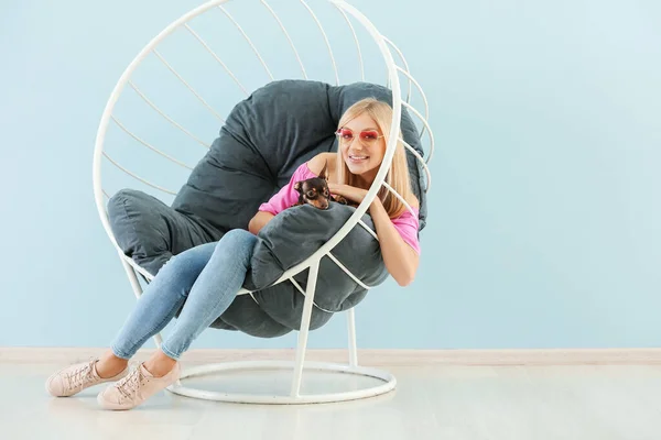 Hermosa mujer joven con lindo juguete terrier perro sentado en sillón — Foto de Stock