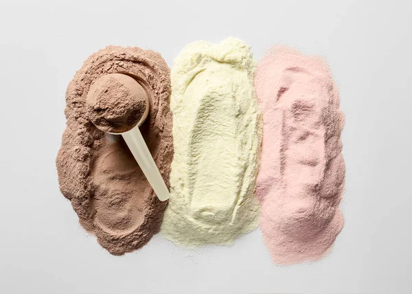 Different protein powders on white background — Stock Photo, Image