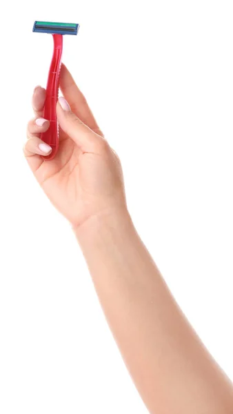Női kéz borotvával fehér háttér — Stock Fotó