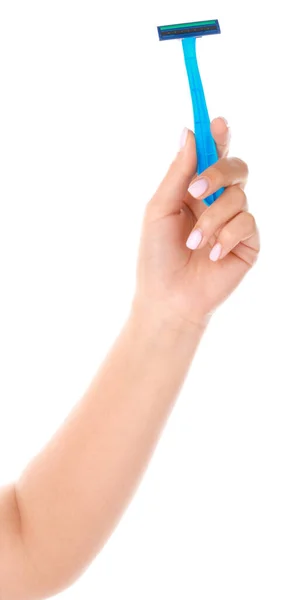 Kvindelig hånd med barberkniv på hvid baggrund - Stock-foto