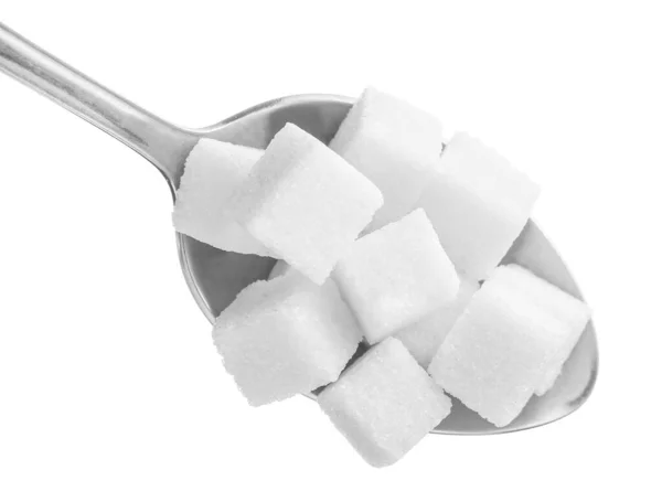 Spoon with sugar on white background — Stock Photo, Image