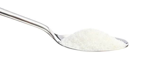 Cuillère avec sucre sur fond blanc — Photo