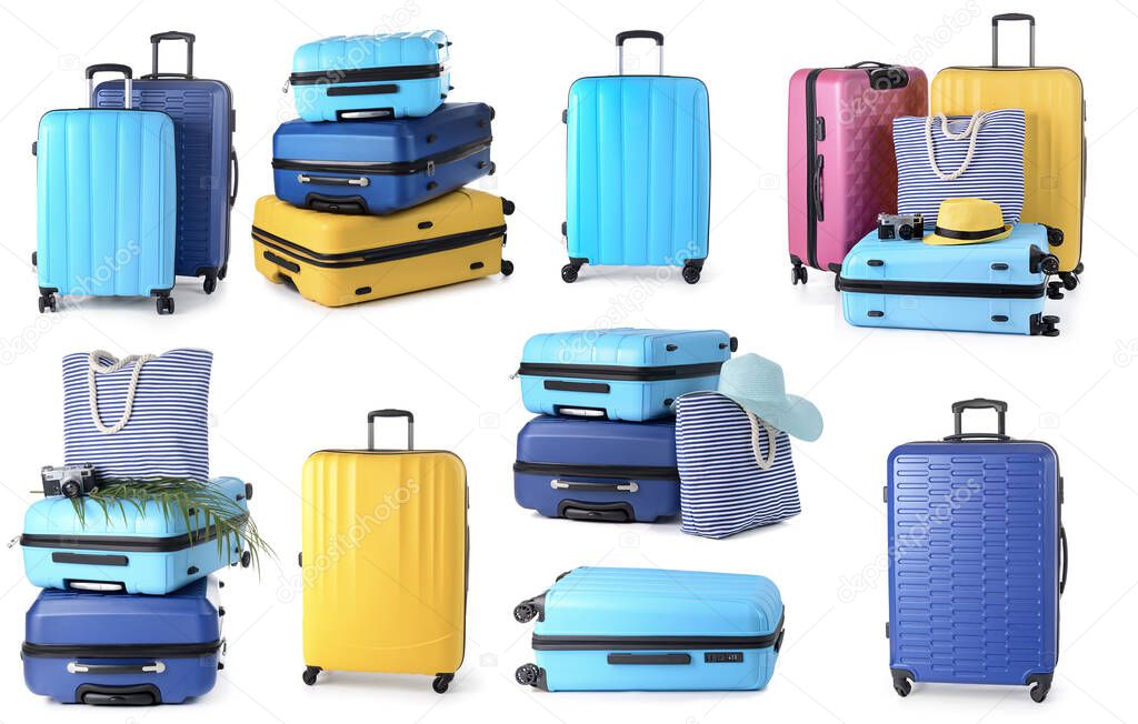 Set of different suitcases on white background