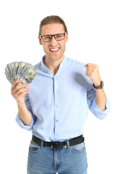 Feliz joven con dinero sobre fondo blanco — Foto de Stock