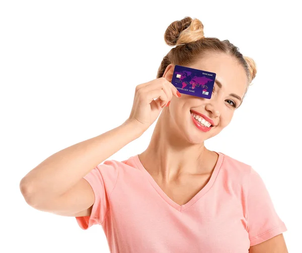 Young woman with credit card on white background — Stock Photo, Image