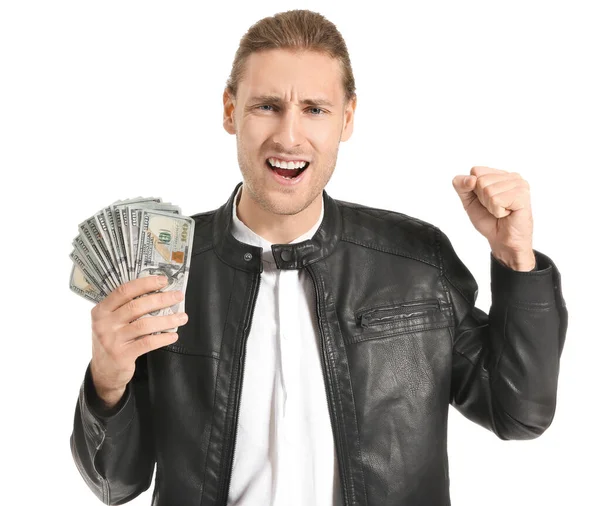 Feliz joven con dinero sobre fondo blanco — Foto de Stock