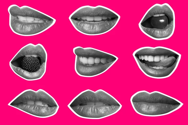 Collage con labbra femminili su sfondo a colori — Foto Stock