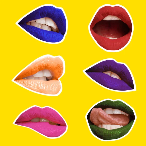 Colagem com lábios femininos brilhantes no fundo da cor — Fotografia de Stock
