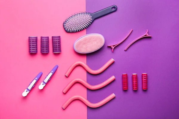 Set of hairdresser tools and accessories on color background — Stock Photo, Image