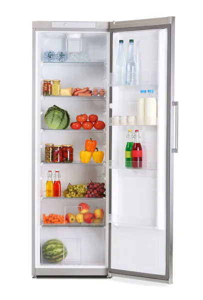 Großer moderner Kühlschrank mit frischen Produkten auf weißem Hintergrund — Stockfoto