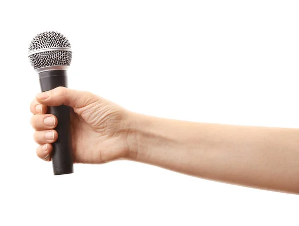 Female hand with microphone on white background — Stock Photo, Image