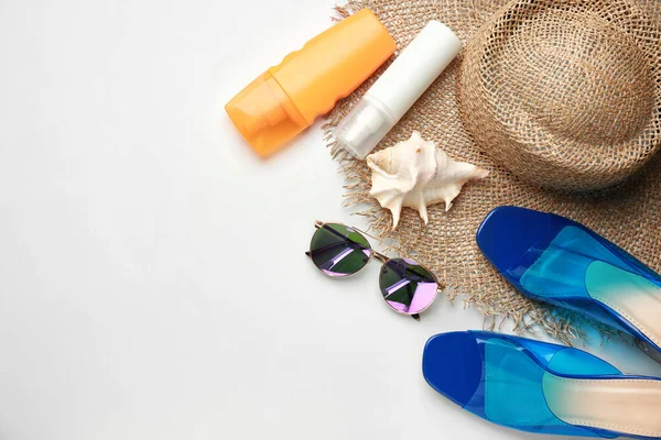 Composition with beach accessories on white background — Stock Photo, Image