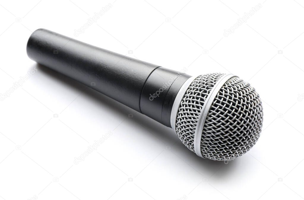 Modern microphone on white background