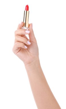 Beyaz arka planda ruj izi olan bir kadın el.