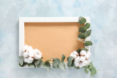 Okaliptüs yapraklı güzel pamuk çiçekler ve renk arkaplanlı çerçeve