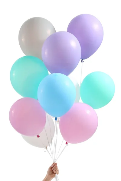 Female hand with balloons on white background — Stock Photo, Image