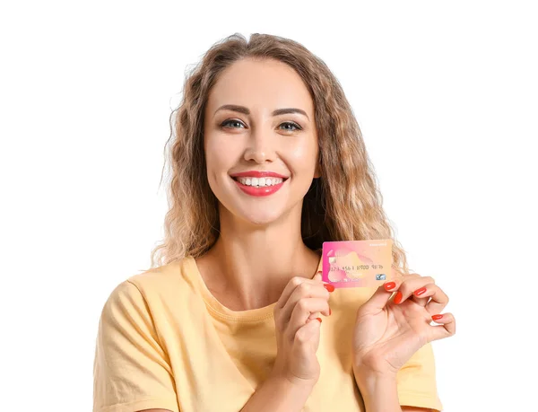 Young woman with credit card on white background — Stock Photo, Image