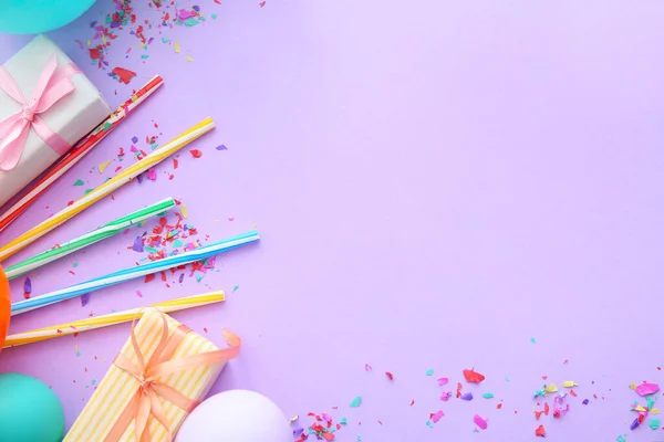 Composition with balloons, gifts and place for text on color background — Stock Photo, Image