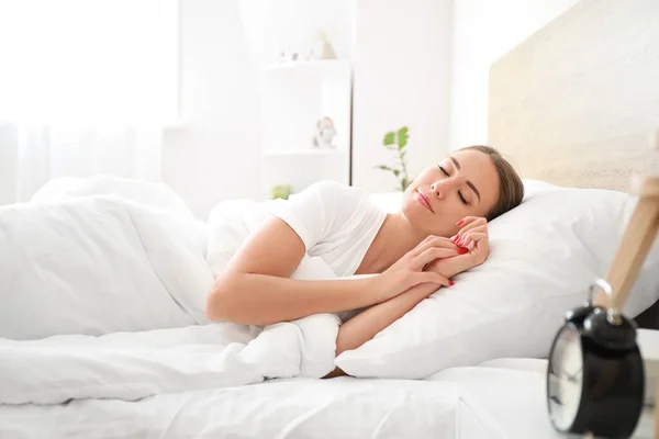 Morning of young woman sleeping in bed — Stock Photo, Image