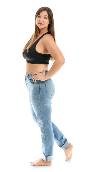 Young body positive woman on white background — Stock Photo, Image