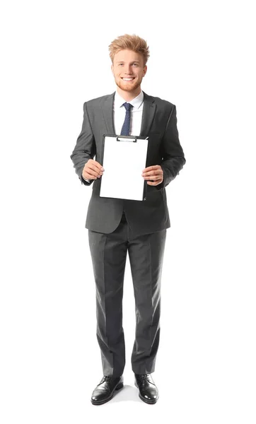 Portrait of handsome businessman with clipboard on white background — Stock Photo, Image