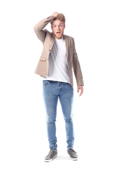 Portrait of shocked man on white background — Stock Photo, Image