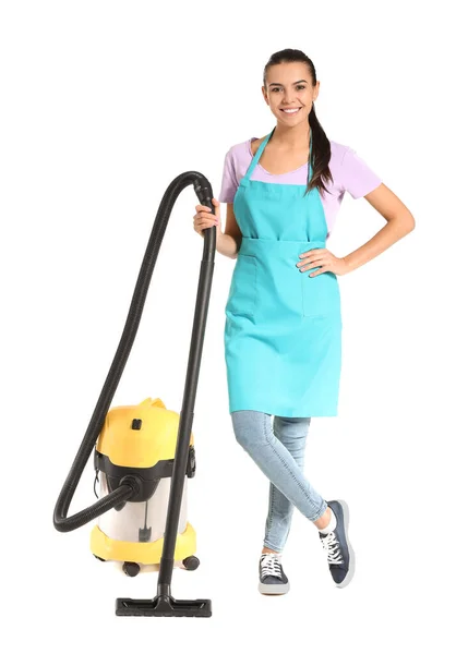 Female janitor with vacuum cleaner on white background — Stock Photo, Image