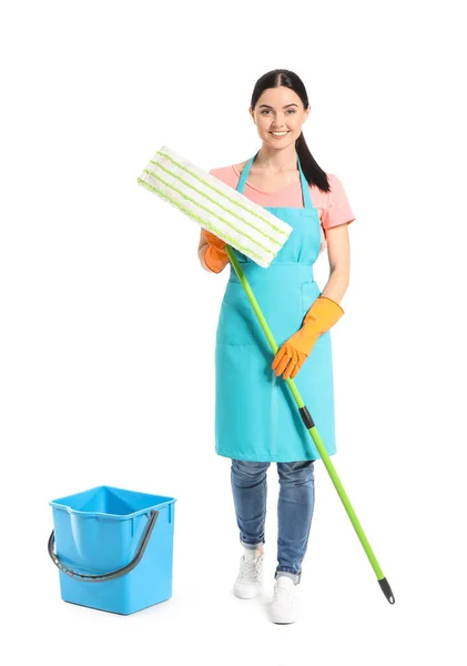 Female janitor with mop on white background — Stock Photo, Image