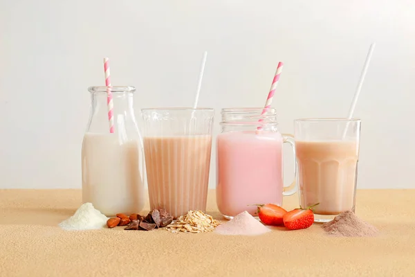 Assortment of protein shakes on table — Stock Photo, Image