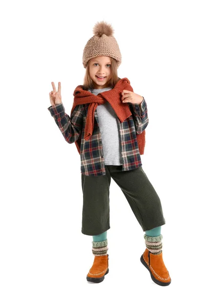 Módní holčička v podzimním oblečení na bílém pozadí — Stock fotografie