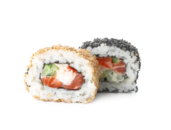 Gustosi rotoli di sushi su sfondo bianco — Foto Stock