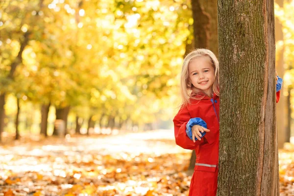 Cute little girl near tree in autumn park — Stock Photo, Image