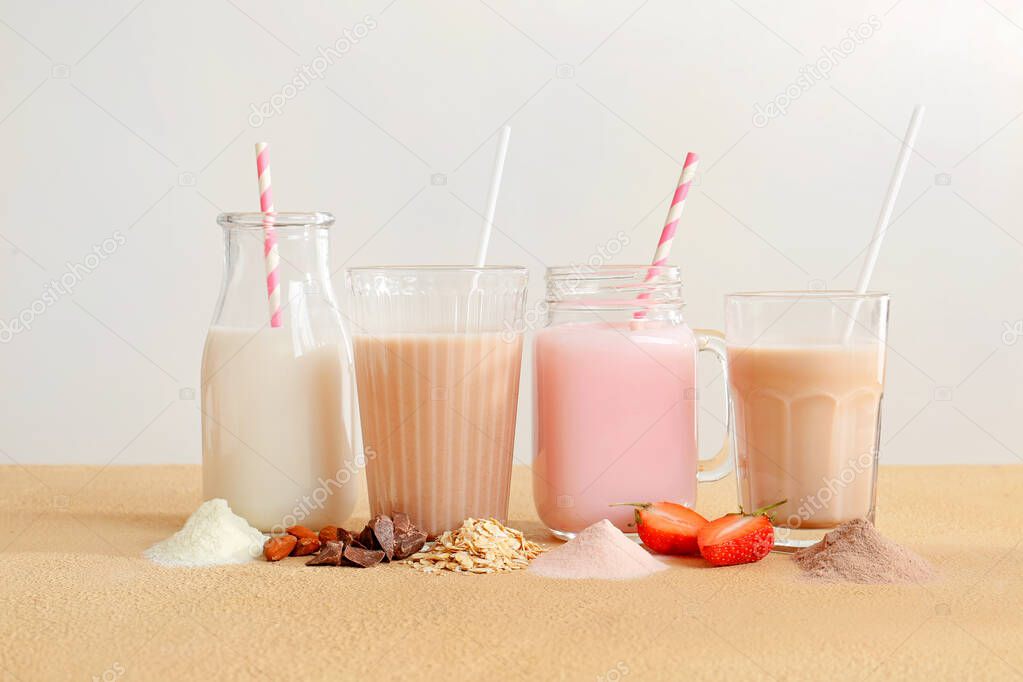 Assortment of protein shakes on table
