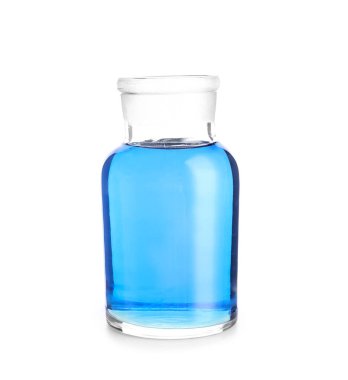 Beyaz arka planda numune içeren şişe.