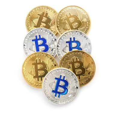 Beyaz arkaplanda altın ve gümüş bitcoin