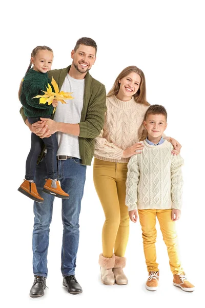 Portrait of happy family with autumn leaves on white background — Stock Photo, Image